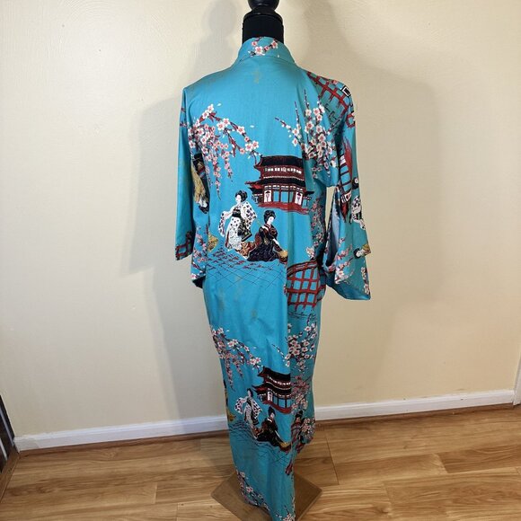 Kyoto Kimono Robe Cherry Blossom & Pagoda Print One Size Cotton Japan Teal - Picture 3 of 8